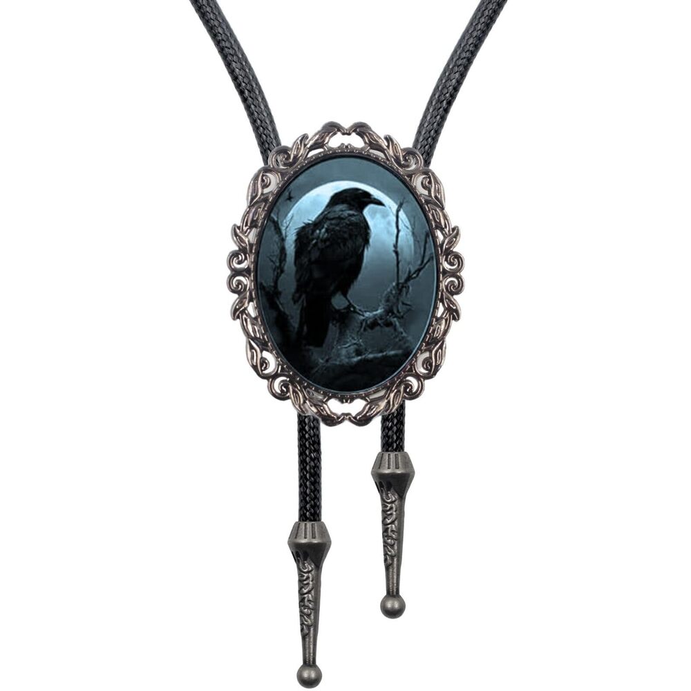 9464 Gothic Bolo Tie Cameo Western Cowboy Black Cat Bat Witch Vintage